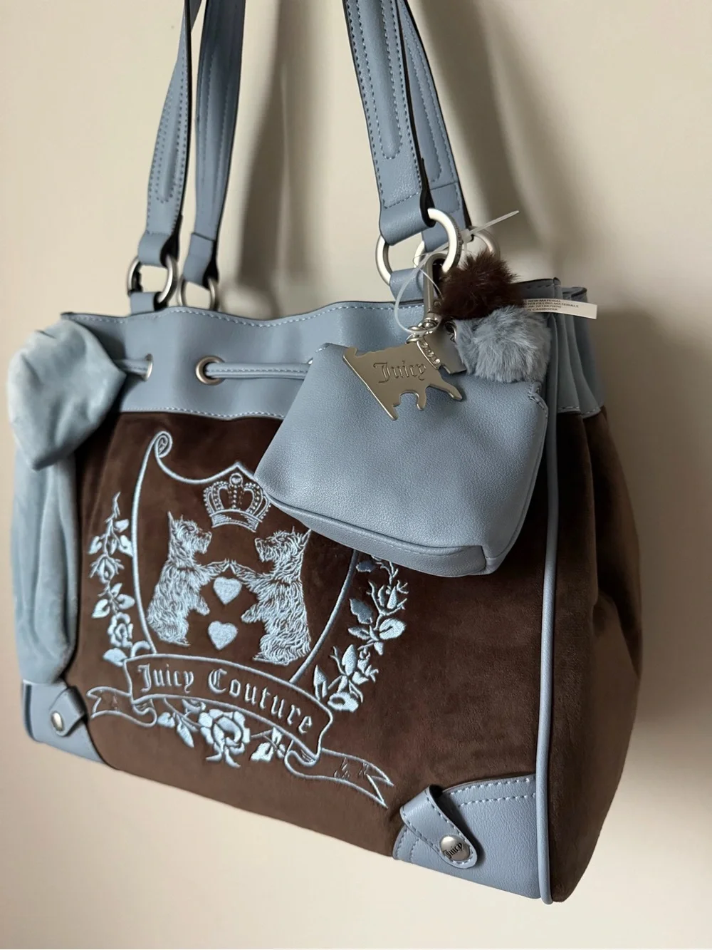 Juicy Couture Blue and Brown Embroidered scottie dog crest daydreamer Tote Bag
